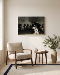 El Jaleo by John Singer Sargent as a stretched canvas above a linen lounge chair in a reading corner