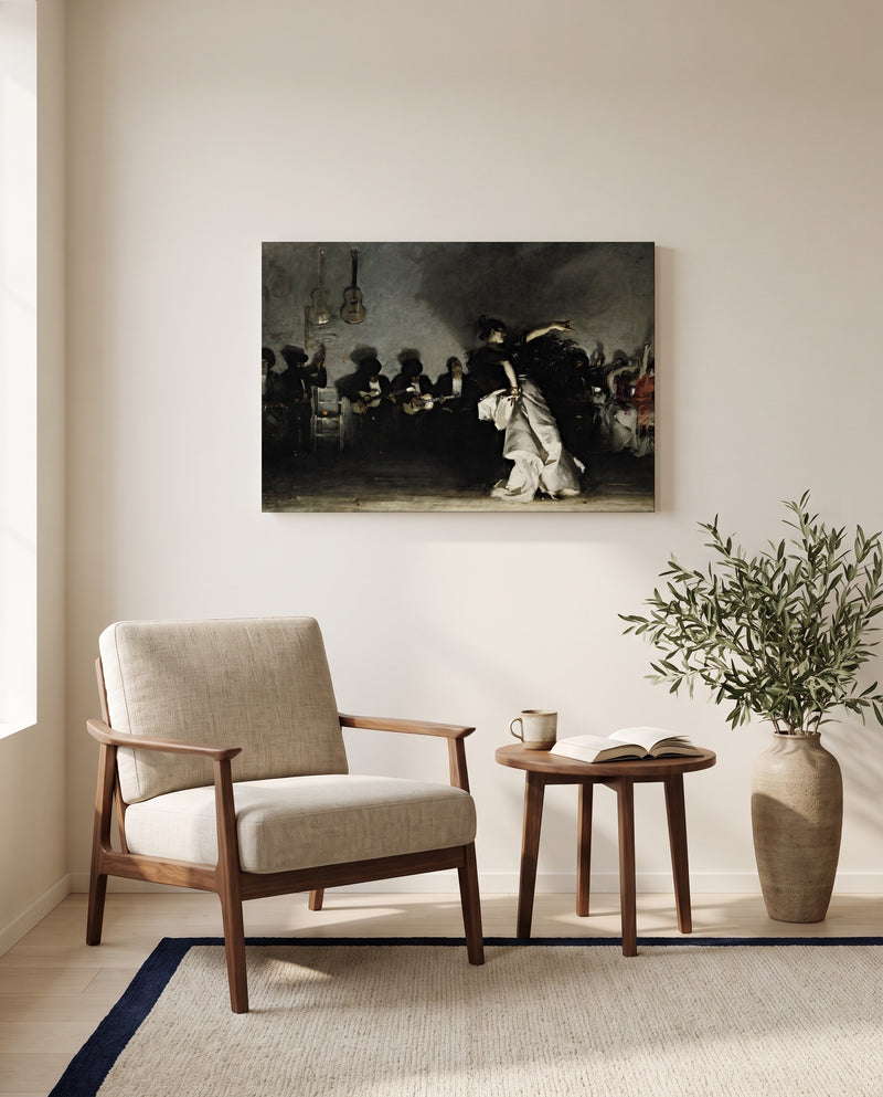 El Jaleo by John Singer Sargent as a stretched canvas above a linen lounge chair in a reading corner