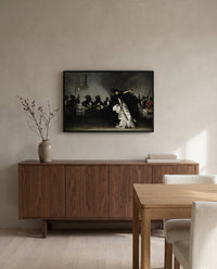 El Jaleo by John Singer Sargent in a black frame above a walnut sideboard in a dining room