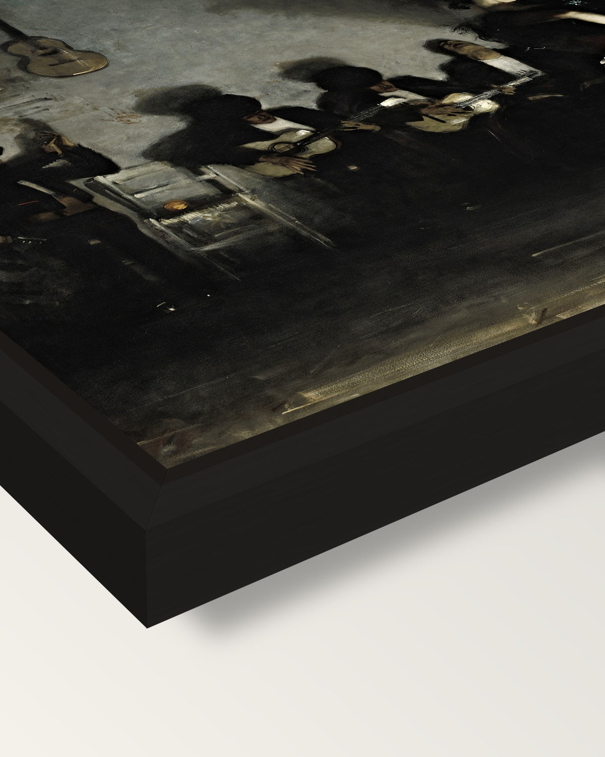 El Jaleo by John Singer Sargent framed canvas, corner close-up: a black floating frame with a shadow gap round the canvas