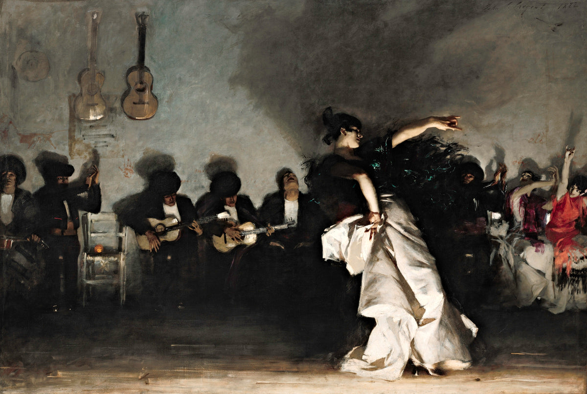 El Jaleo by John Singer Sargent: a flamenco dancer in white leaning back, guitarists seated along a pale wall