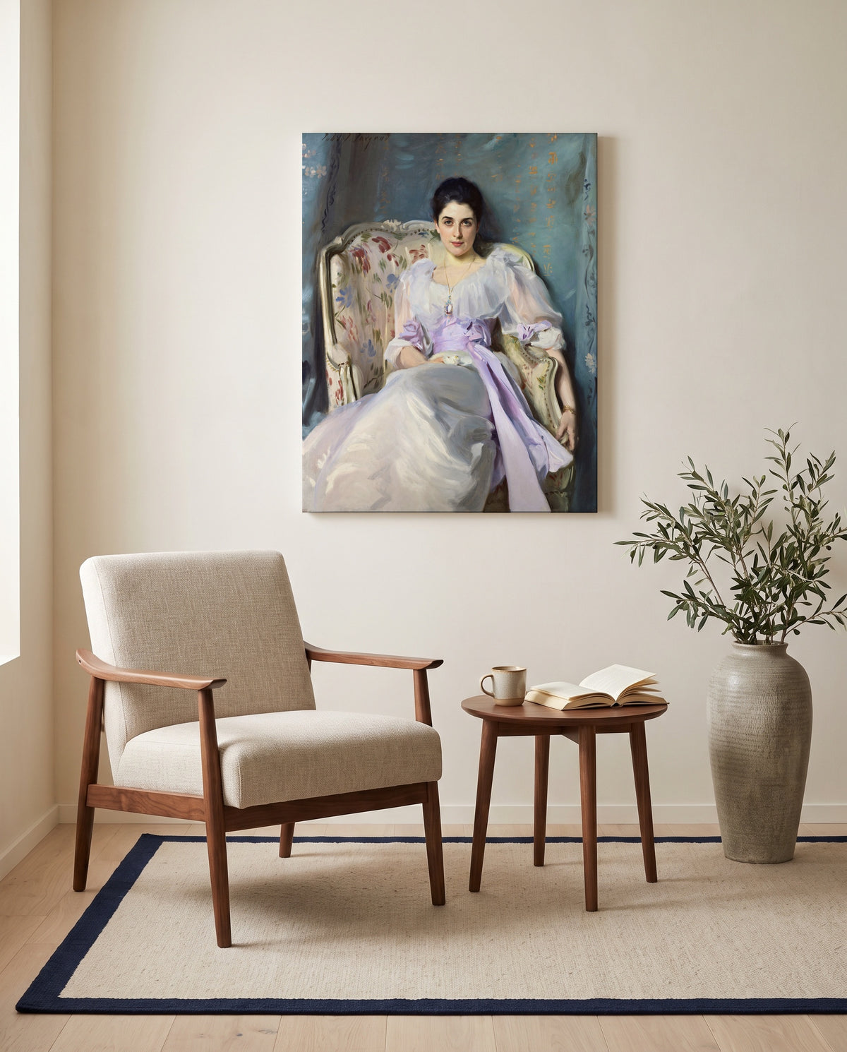 Lady Agnew of Lochnaw by John Singer Sargent as a stretched canvas above a linen lounge chair in a reading corner