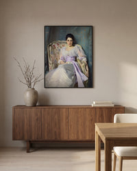 Lady Agnew of Lochnaw by John Singer Sargent in a black frame above a walnut sideboard in a dining room