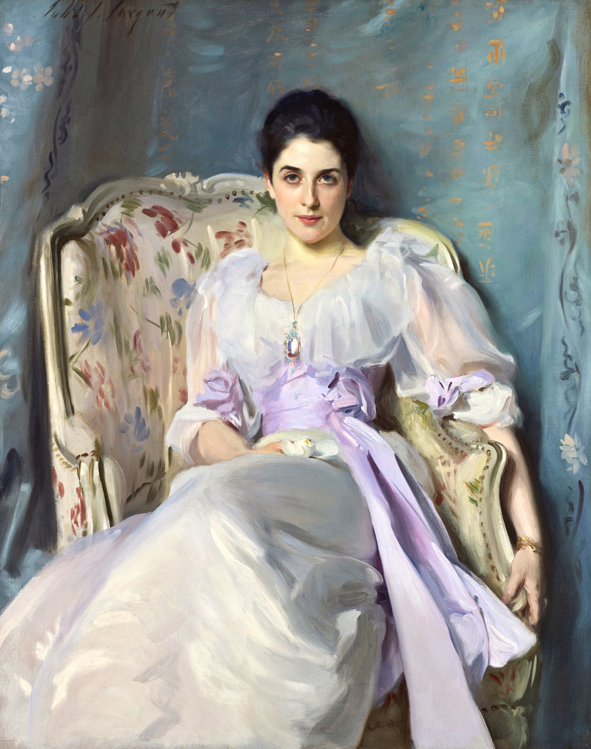 Lady Agnew of Lochnaw by Sargent: a dark-haired woman in a white gown with a mauve sash in an armchair, blue silk behind