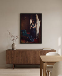 Madame Paul Escudier by John Singer Sargent in a black frame above a walnut sideboard in a dining room