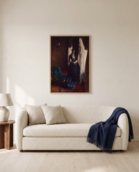 Madame Paul Escudier by John Singer Sargent framed in natural oak above a cream sofa in a warm living room