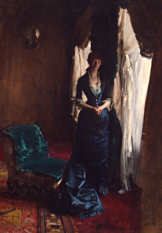 Madame Paul Escudier by Sargent: a woman in a dark blue dress before a bright white curtain, a green sofa and red rug beside