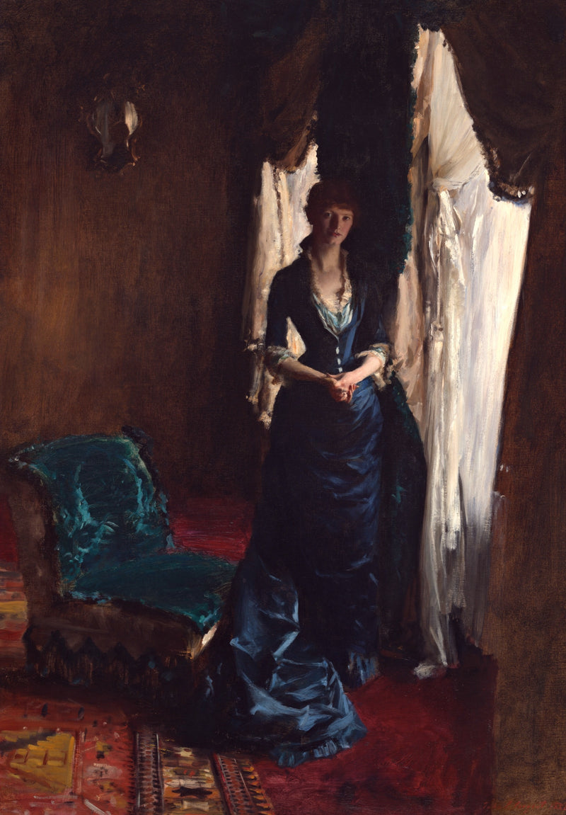 Madame Paul Escudier by Sargent: a woman in a dark blue dress before a bright white curtain, a green sofa and red rug beside