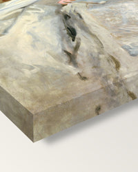 Mrs. Cecil Wade by John Singer Sargent on stretched canvas, corner close-up: the painting mirror-wrapped round the sides