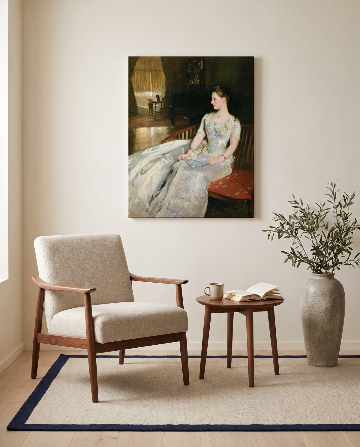 Mrs. Cecil Wade by John Singer Sargent as a stretched canvas above a linen lounge chair in a reading corner