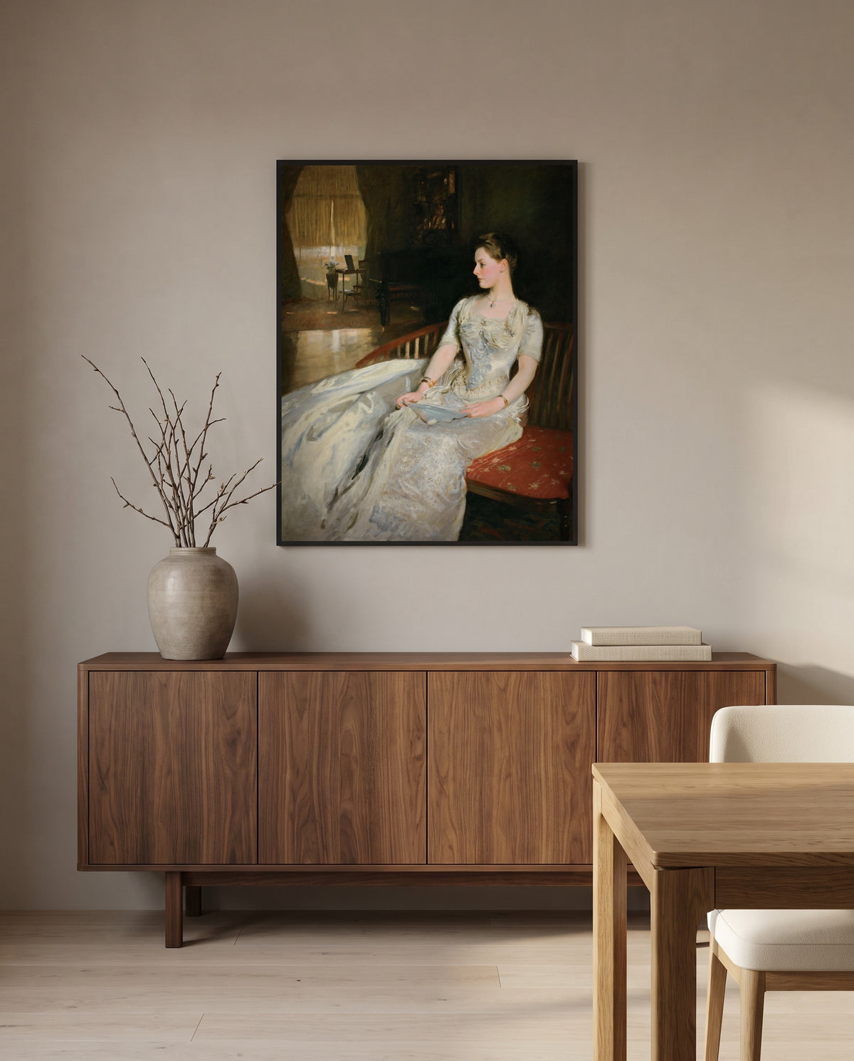 Mrs. Cecil Wade by John Singer Sargent in a black frame above a walnut sideboard in a dining room