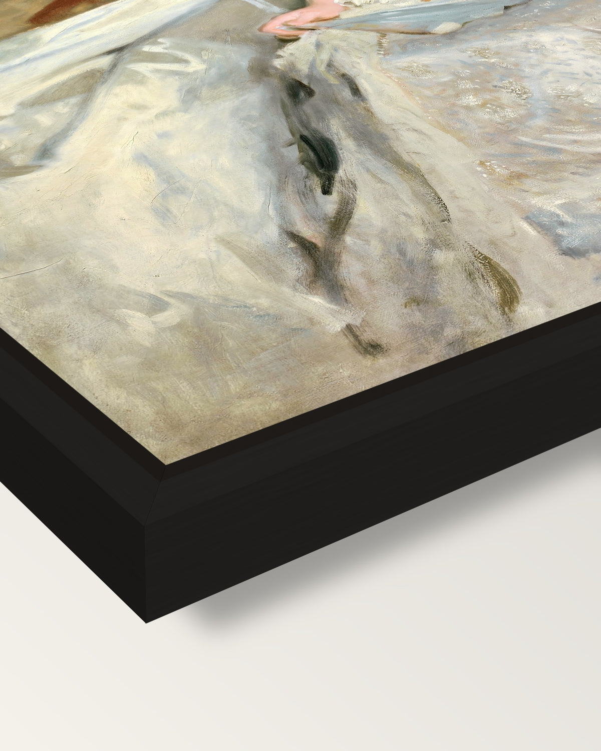 Mrs. Cecil Wade by Sargent framed canvas, corner close-up: a black floating frame with a shadow gap round the canvas