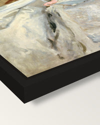 Mrs. Cecil Wade by Sargent framed canvas, corner close-up: a black floating frame with a shadow gap round the canvas