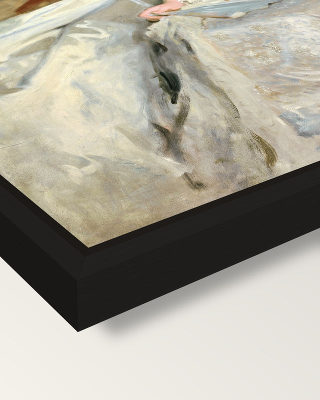 Mrs. Cecil Wade by Sargent framed canvas, corner close-up: a black floating frame with a shadow gap round the canvas