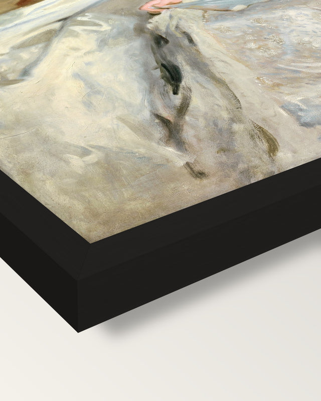 Mrs. Cecil Wade by Sargent framed print, corner close-up: black moulding, mitred, the print set just below its edge