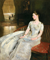 Mrs. Cecil Wade by John Singer Sargent: a young woman in a white satin gown on a bench with a red cushion, a sunlit room