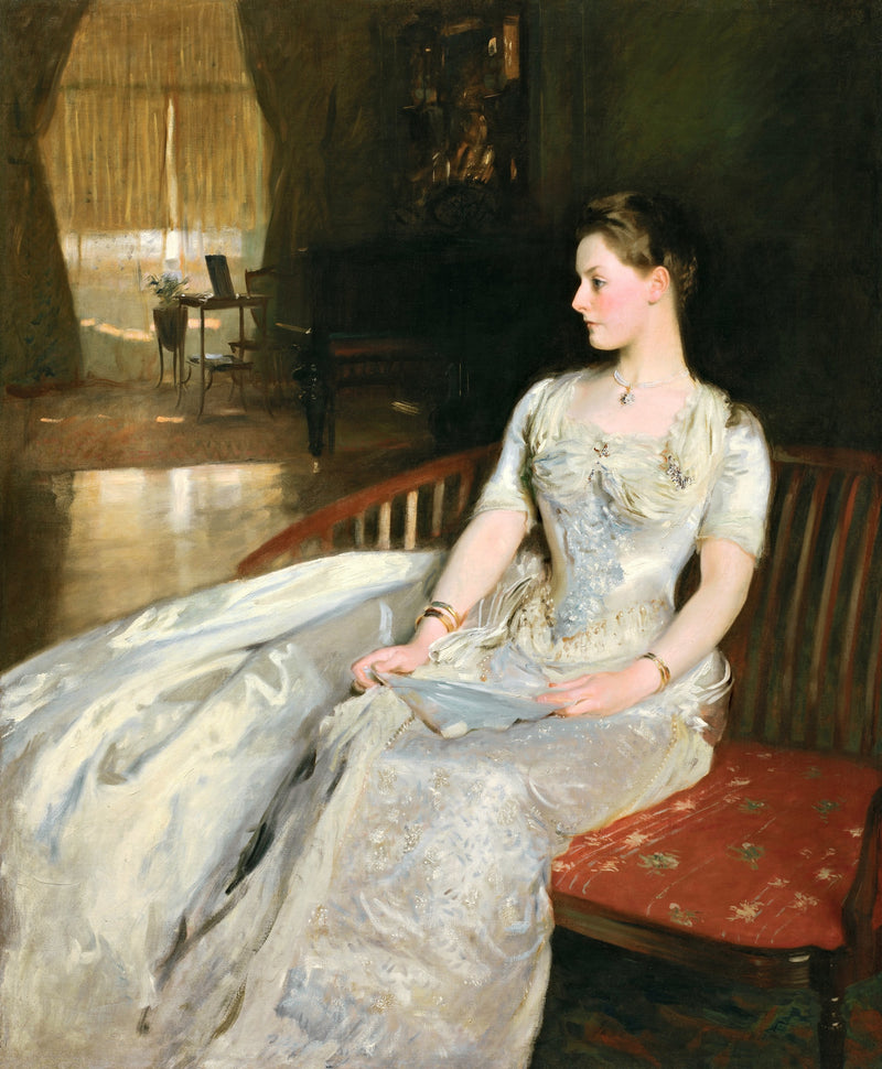 Mrs. Cecil Wade by John Singer Sargent: a young woman in a white satin gown on a bench with a red cushion, a sunlit room