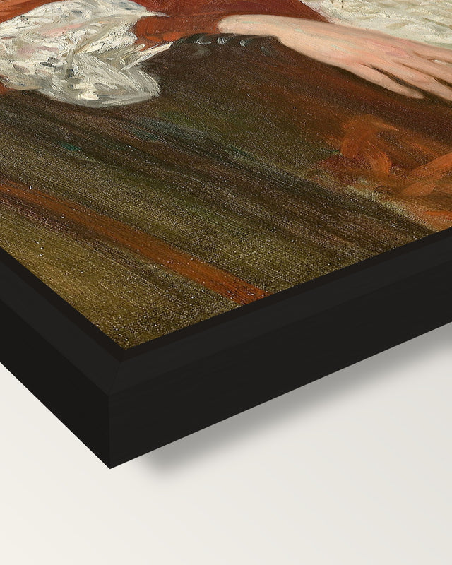 Mrs. Charles Deering by Sargent framed canvas, corner close-up: a black floating frame with a shadow gap round the canvas