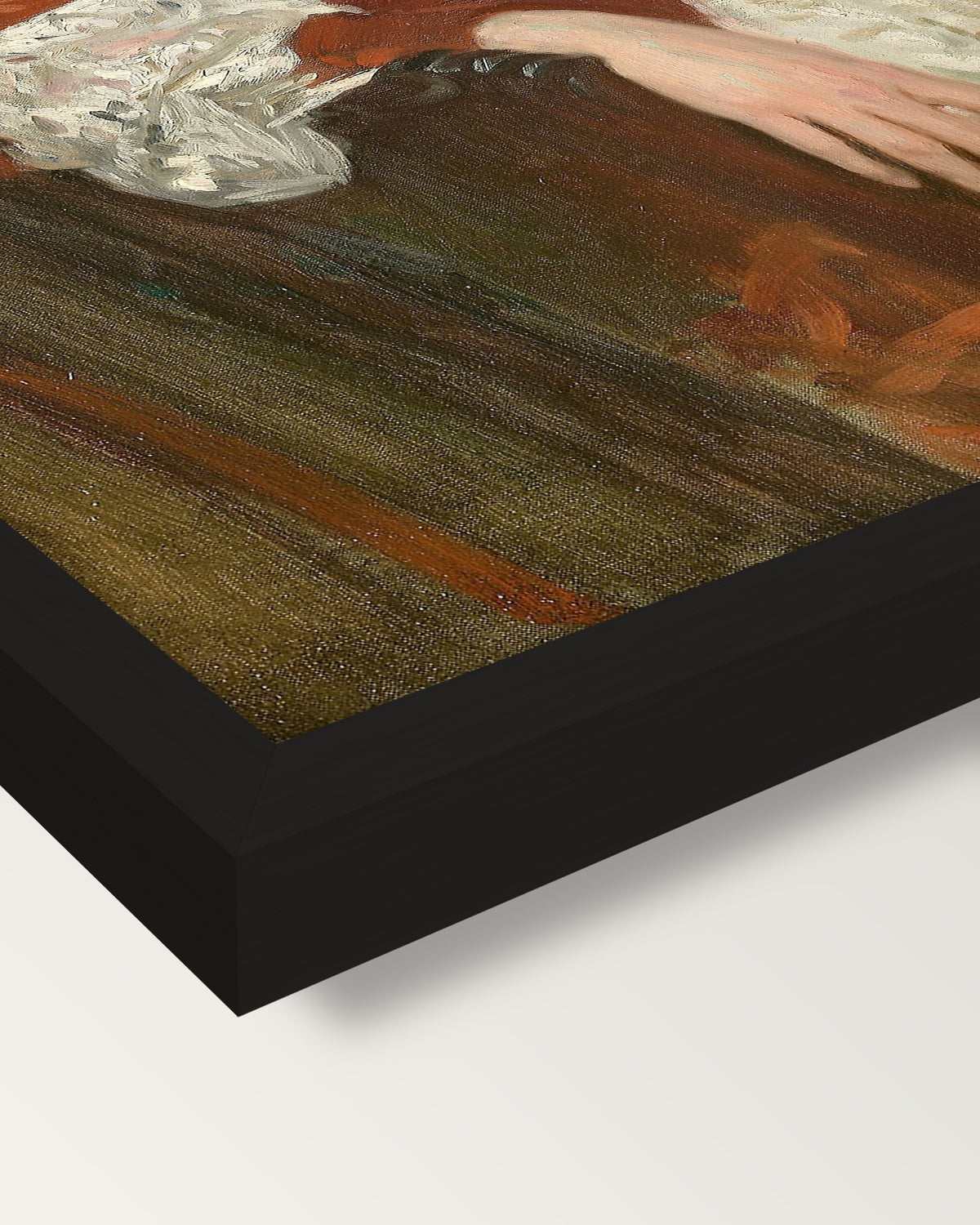 Mrs. Charles Deering by Sargent framed print, corner close-up: black moulding, mitred, the print set just below its edge