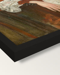 Mrs. Charles Deering by Sargent framed print, corner close-up: black moulding, mitred, the print set just below its edge