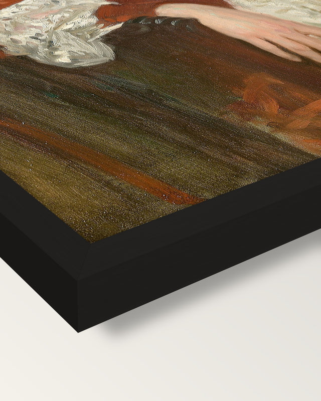 Mrs. Charles Deering by Sargent framed print, corner close-up: black moulding, mitred, the print set just below its edge