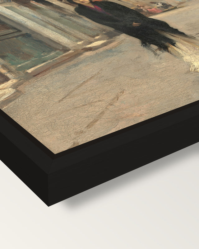 Street in Venice by Sargent framed canvas, corner close-up: a black floating frame with a shadow gap round the canvas