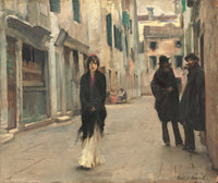Street in Venice by John Singer Sargent: a woman in a dark shawl walking down a narrow Venice street, two men in shadow