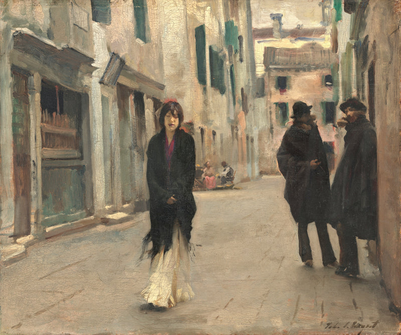 Street in Venice by John Singer Sargent: a woman in a dark shawl walking down a narrow Venice street, two men in shadow