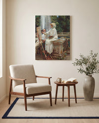 The Fountain, Villa Torlonia by John Singer Sargent as a stretched canvas above a linen lounge chair in a reading corner