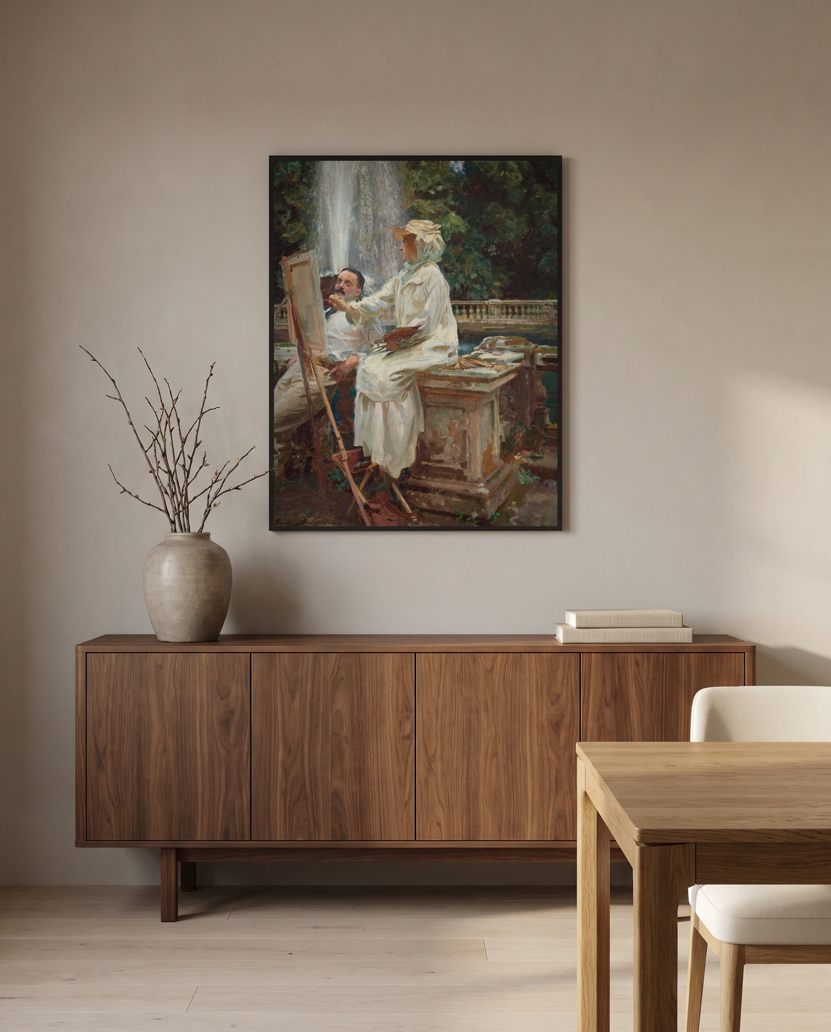 The Fountain, Villa Torlonia by John Singer Sargent in a black frame above a walnut sideboard in a dining room