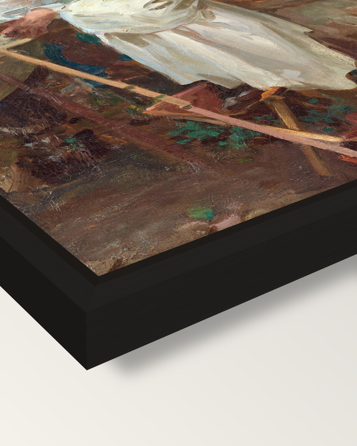 The Fountain, Villa Torlonia framed canvas, corner close-up: a black floating frame with a shadow gap round the canvas