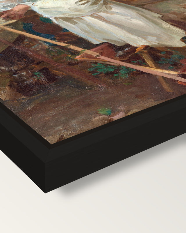 The Fountain, Villa Torlonia framed canvas, corner close-up: a black floating frame with a shadow gap round the canvas