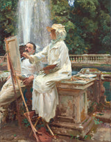 The Fountain, Villa Torlonia by Sargent: a woman in white painting at an easel beside a man, a tall fountain jet behind them