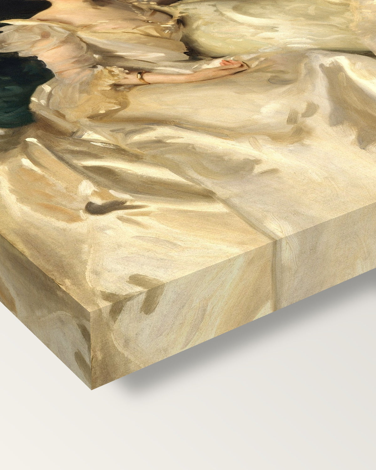 The Wyndham Sisters by John Singer Sargent on stretched canvas, corner close-up: the painting mirror-wrapped round the sides