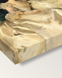 The Wyndham Sisters by John Singer Sargent on stretched canvas, corner close-up: the painting mirror-wrapped round the sides