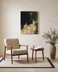 The Wyndham Sisters by John Singer Sargent as a stretched canvas above a linen lounge chair in a reading corner
