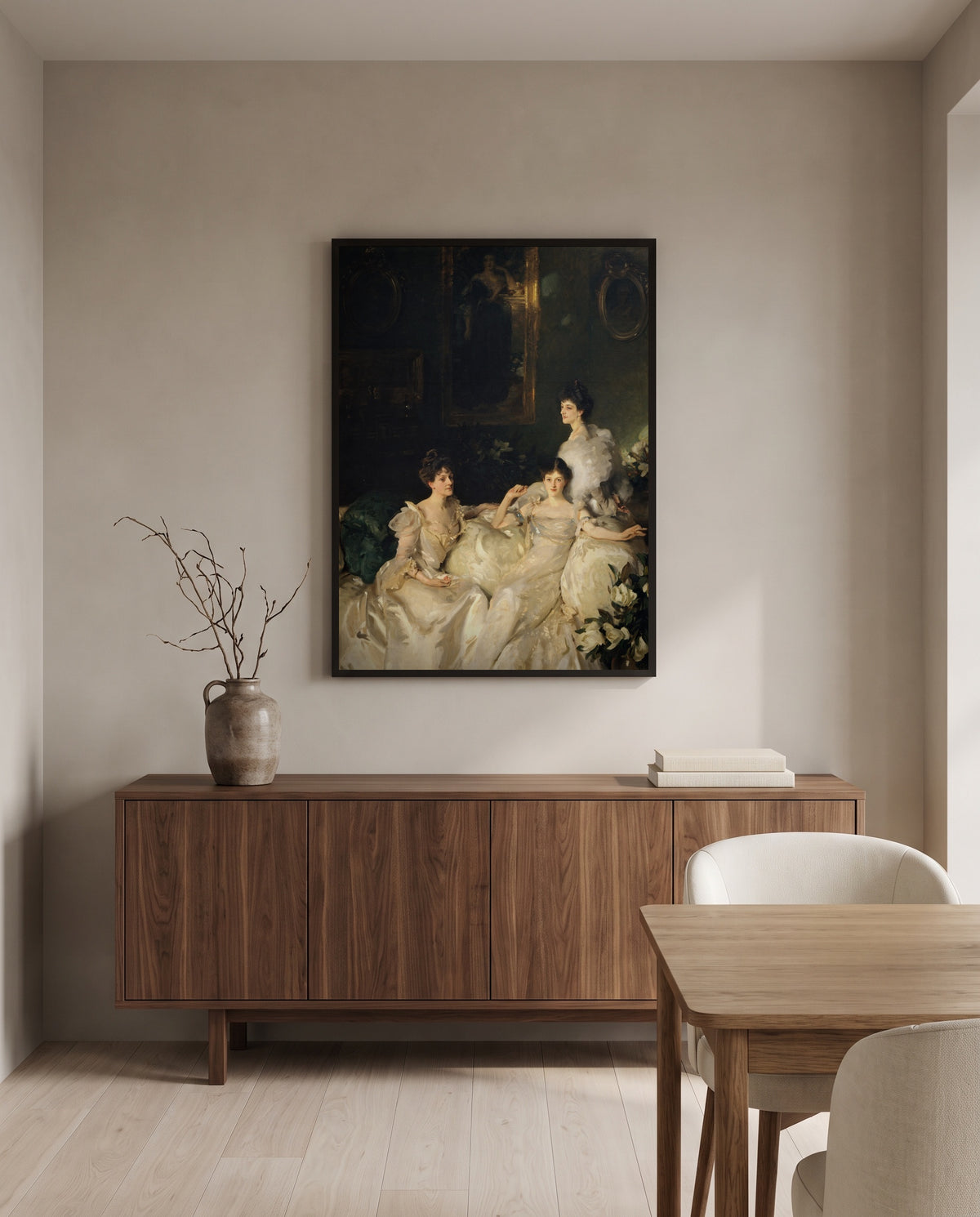 The Wyndham Sisters by John Singer Sargent in a black frame above a walnut sideboard in a dining room