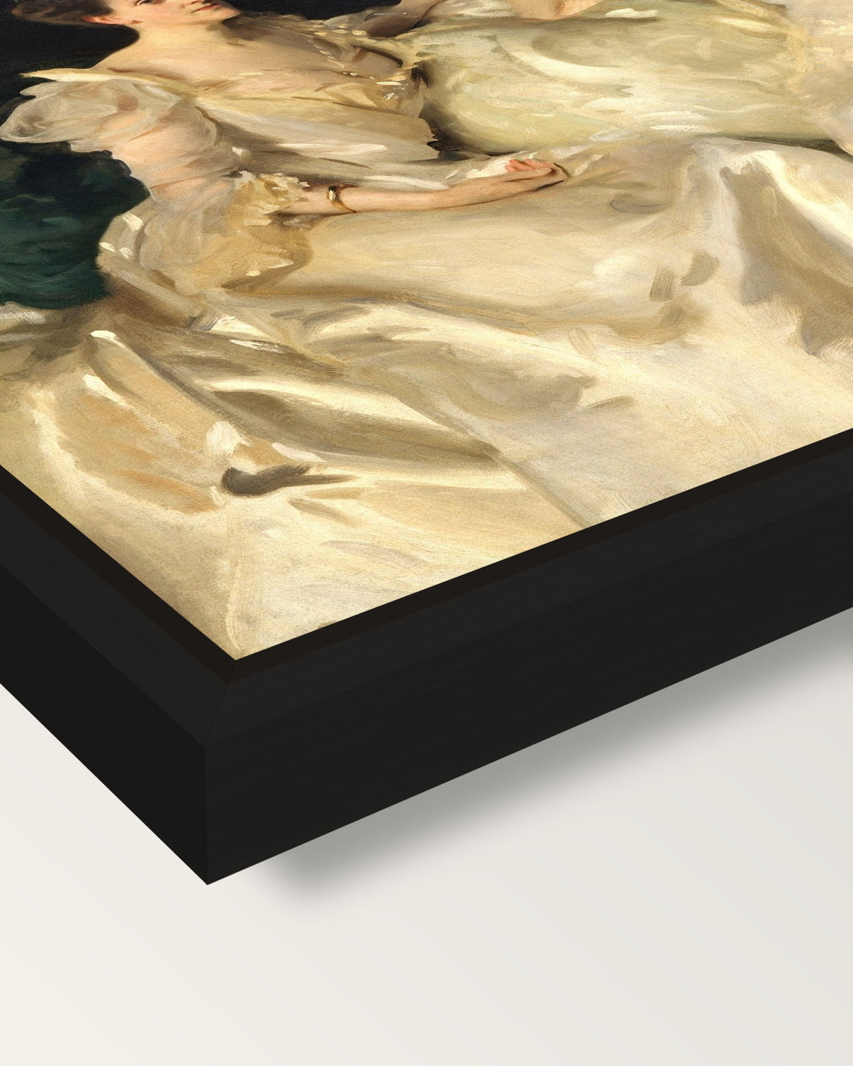 The Wyndham Sisters by Sargent framed canvas, corner close-up: a black floating frame with a shadow gap round the canvas
