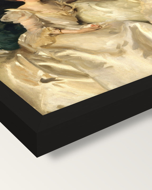The Wyndham Sisters by Sargent framed print, corner close-up: black moulding, mitred, the print set just below its edge