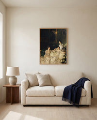 The Wyndham Sisters by John Singer Sargent framed in natural oak above a cream sofa in a warm living room