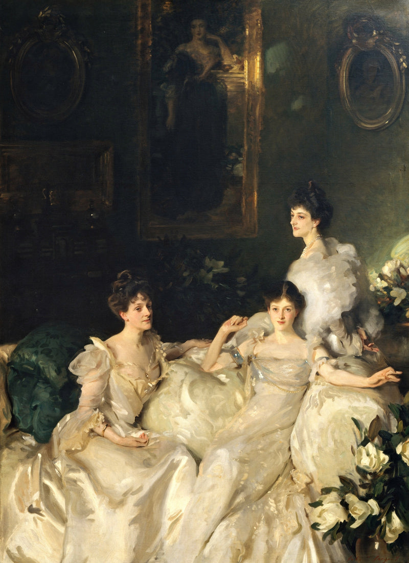 The Wyndham Sisters by John Singer Sargent: three women in white gowns on a sofa in a dim drawing room, a portrait above them