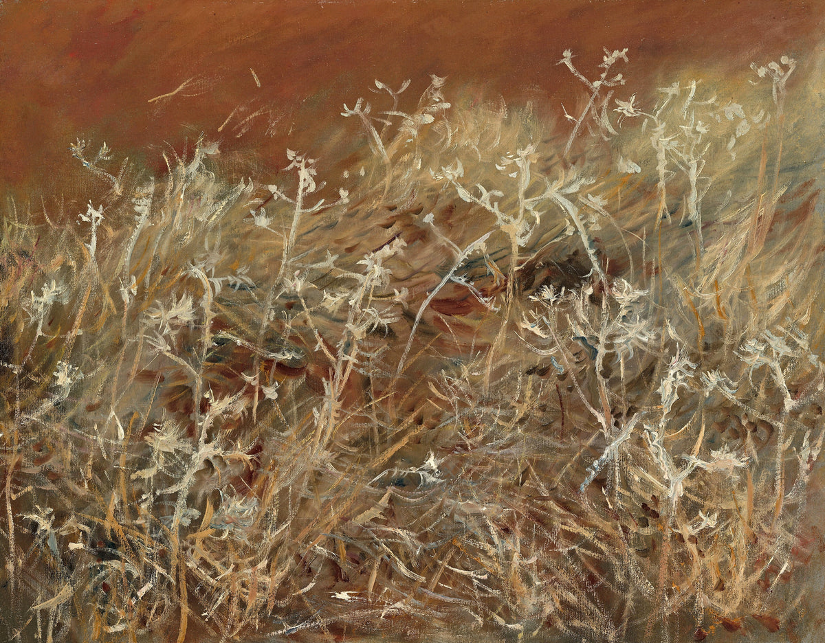 Thistles by John Singer Sargent: silvery white thistle heads and stalks tossed by the wind over a warm russet ground