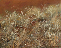 Thistles by John Singer Sargent: silvery white thistle heads and stalks tossed by the wind over a warm russet ground