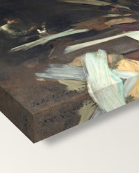 Venetian Glass Workers by Sargent on stretched canvas, corner close-up: the painting mirror-wrapped round the sides