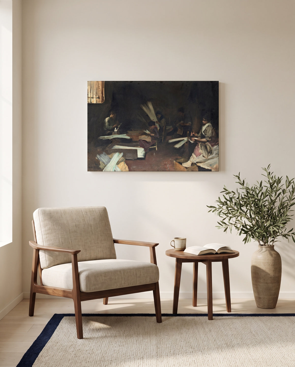 Venetian Glass Workers by John Singer Sargent as a stretched canvas above a linen lounge chair in a reading corner