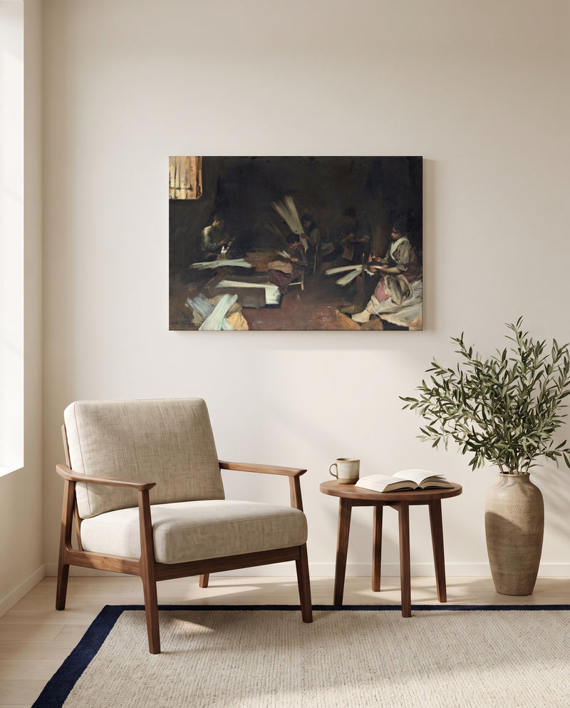 Venetian Glass Workers by John Singer Sargent as a stretched canvas above a linen lounge chair in a reading corner