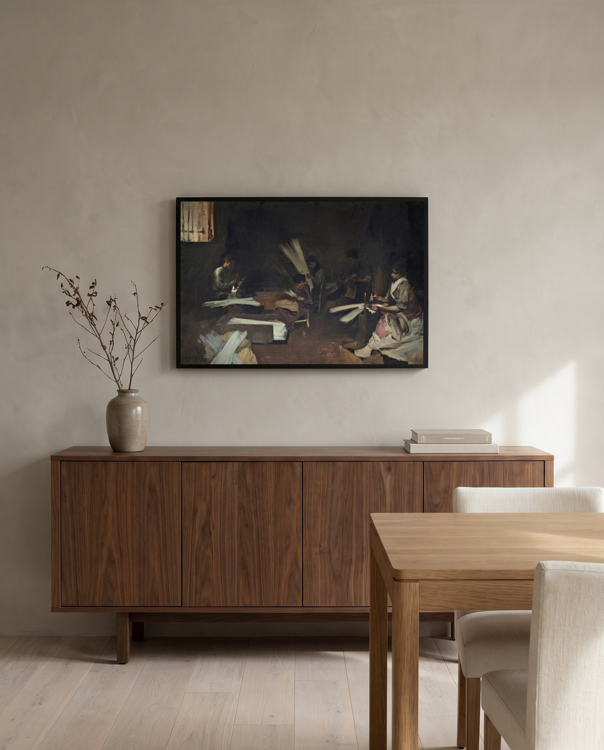 Venetian Glass Workers by John Singer Sargent in a black frame above a walnut sideboard in a dining room