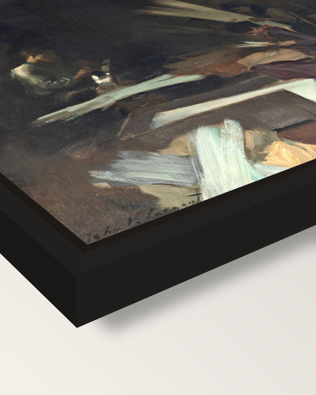 Venetian Glass Workers by Sargent framed canvas, corner close-up: a black floating frame with a shadow gap round the canvas