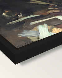 Venetian Glass Workers by Sargent framed canvas, corner close-up: a black floating frame with a shadow gap round the canvas