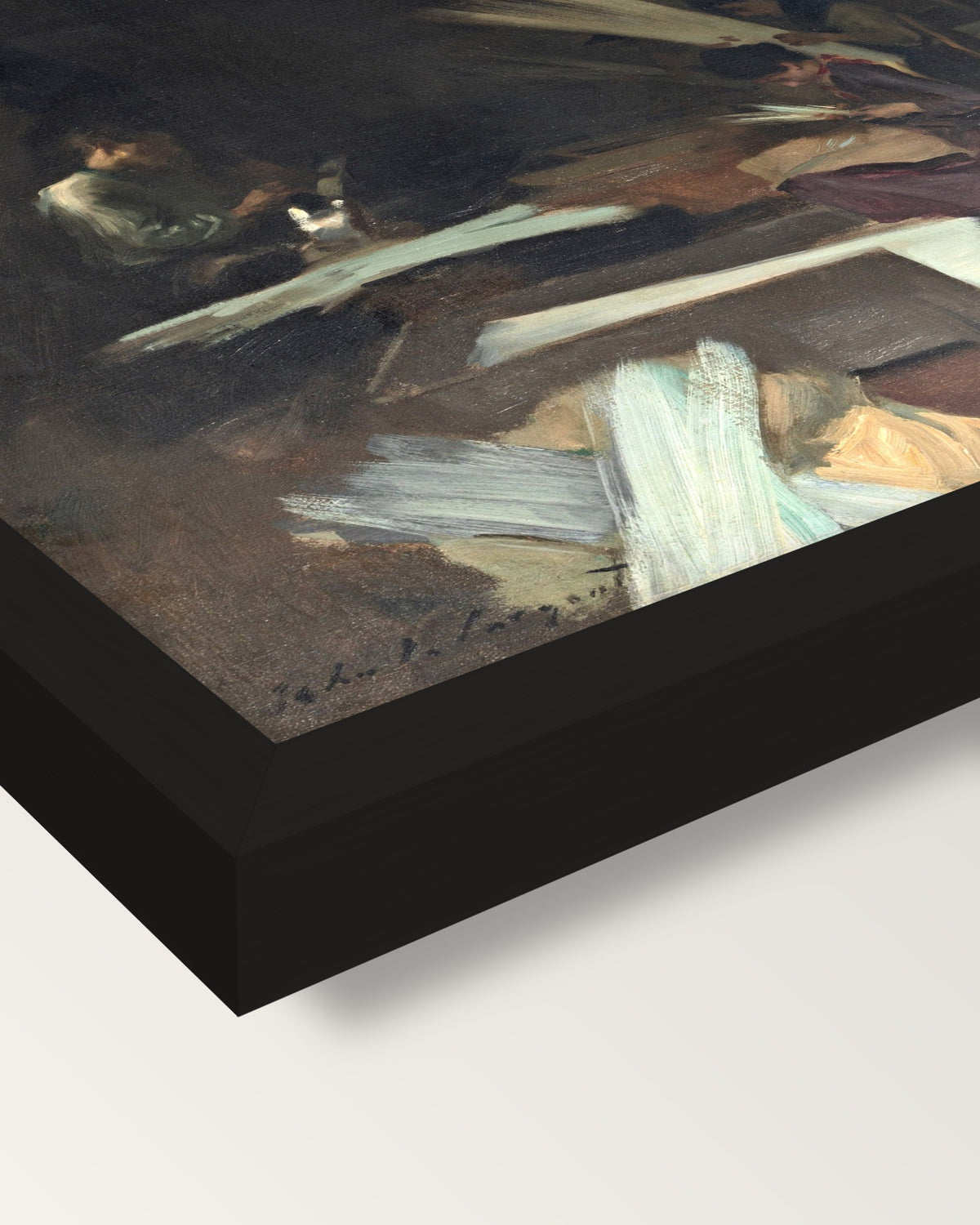 Venetian Glass Workers by Sargent framed print, corner close-up: black moulding, mitred, the print set just below its edge